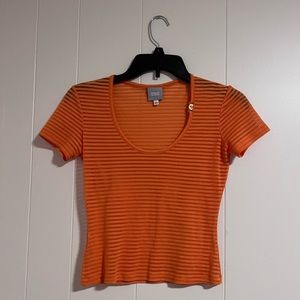 Versace Jeans Couture 1999-2000 Orange Sheer Top Sz XS Poly Blend Gold Detail